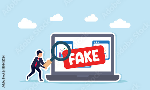 Businessman using magnifying glass to inspect laptop showing fake data illustration of monitoring and filtering business information to avoid deception