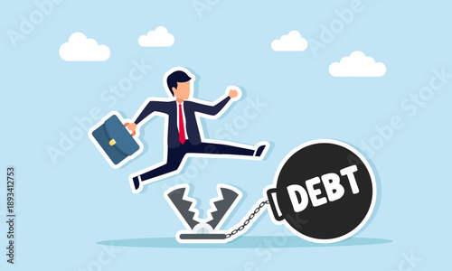 Businessman jumping over trap connected to weight labeled debt illustration of avoiding business debt traps
