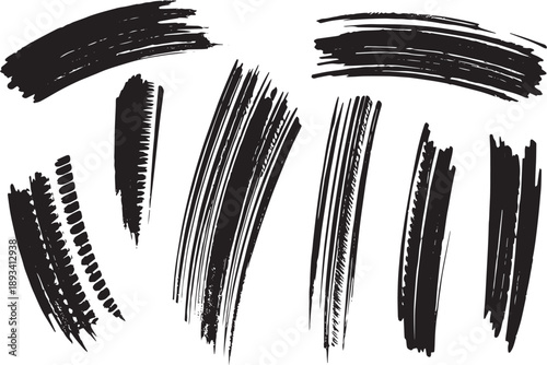 Brush set. Vector black paint brush spots, highlighter lines or felt-tip pen marker. Ink smudge abstract shape stains and smear set with texture