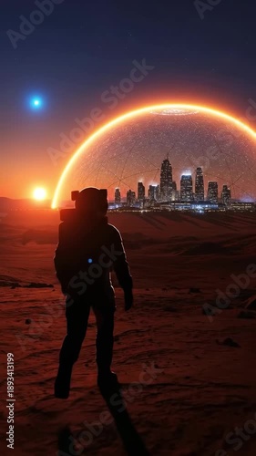 Astronaut walking on the red surface of Mars towards a futuristic domed city during a sunset with a bright star in the sky, science fiction concept art of space colonization and exploration.