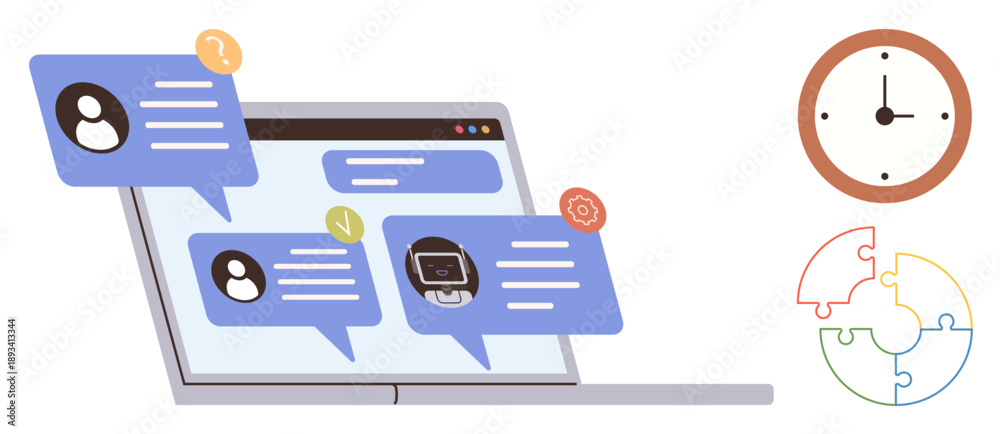 Fototapeta premium Time management, collaboration, digital communication, teamwork, online learning, task organization. Laptop with chat bubbles, clock and puzzle design. Time management and collaboration concept