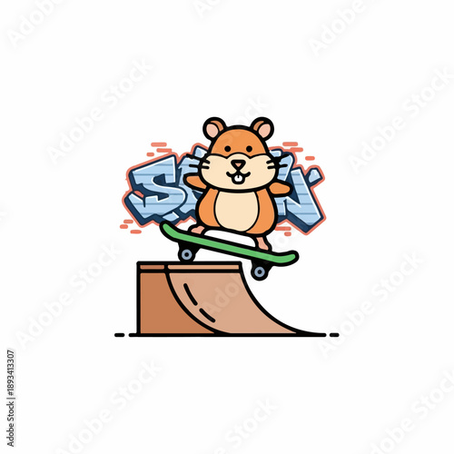 Cartoon hamster riding skateboard on ramp with graffiti