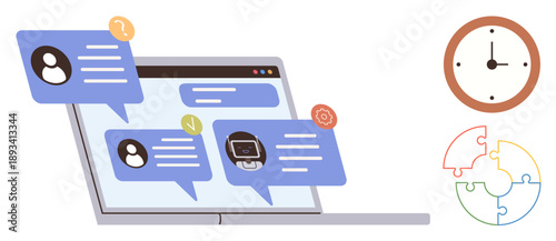 Time management, collaboration, digital communication, teamwork, online learning, task organization. Laptop with chat bubbles, clock and puzzle design. Time management and collaboration concept