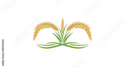 Symmetrical arrangement of golden rice stalks with green leaves at the base representing food production and agricultural wealth.
