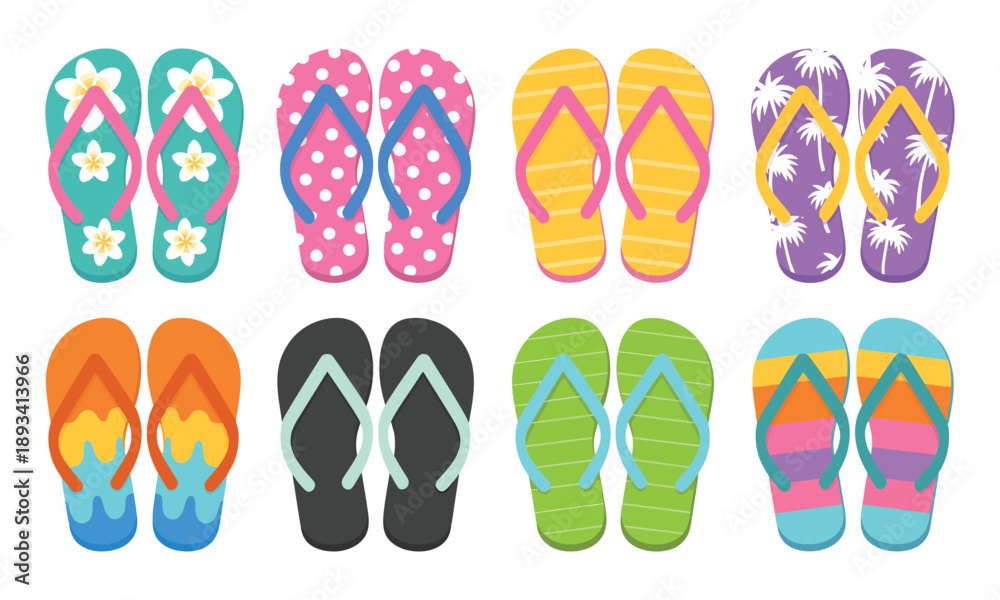 Fototapeta premium Flip Flop Colorful Pattern Clipart Set Featuring Multicolored Slipper Elements, Pair of Sandals for Swimming, Summer Beach Vacation, Holiday Travel Concepts, and Fun Tropical Footwear Designs