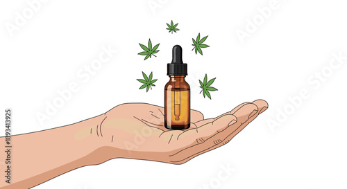 Human hand holding a small brown glass bottle of oil with a dropper surrounded by green marijuana leaves for herbal medicine.