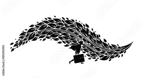 Businessman lifted by flock of birds in flight