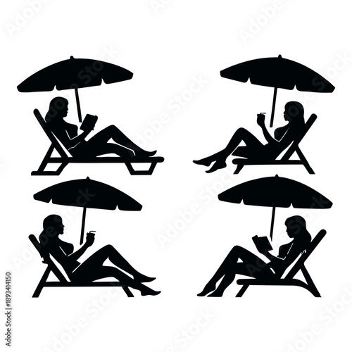 Woman Relaxing on Beach Chair Under Umbrella – Summer Silhouette Set