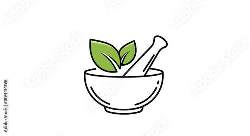 White mortar and pestle with two green leaves inside representing pharmacy, herbal medicine, and traditional healing methods.