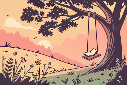 Charming cartoon vector illustration of a solitary tree with a swing and an open book, set against a serene sunset landscape with rolling hills, wildflowers, and birds in the sky.