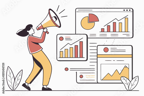 Businesswoman announcing marketing strategy with charts and graphs