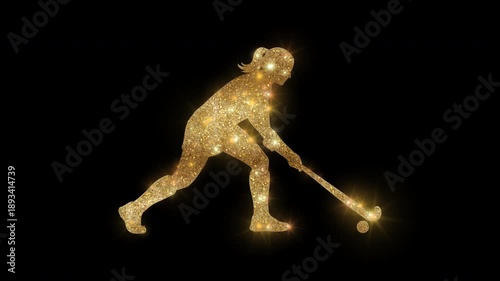Luxury woman playing hockey with golden glitter, alpha channel