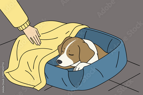 Comfortable dog sleeping in cozy bed with yellow blanket