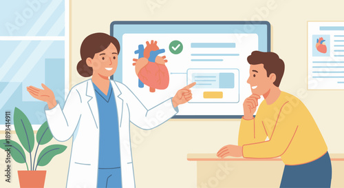 Doctor Explaining Diagnosis
A flat vector illustration of a doctor explaining a diagnosis to a patient using a chart or screen. Friendly gestures, clear communication. Flat vector style, educational