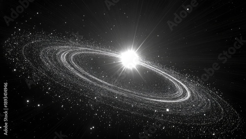 Black & white digital render. Rings orbit a bright star in space with many stars