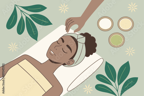 Flat vector illustration of woman receiving spa facial treatment for wellness and relaxation, isolated design element for beauty and self-care concepts.