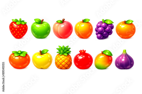 Cute 3D Fruit Icons Set on White Brush Background