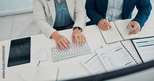 Quadro em tela Paperwork, above and hands business people in office for finance report, budget review and research
