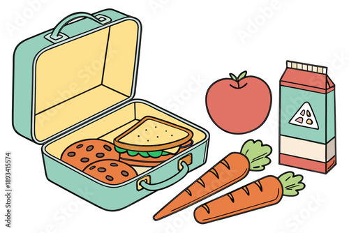 An open teal school lunch box containing a sandwich and cookies is displayed next to fresh carrots a red apple and a milk carton.