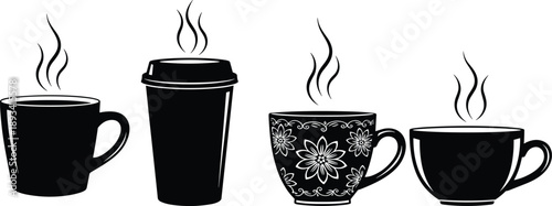 Hot coffee cup silhouettes set, steaming mugs and takeaway cups collection, black white drink icons vector illustration for cafe menu branding print design marketing