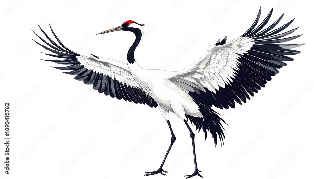 Fototapeta premium A beautiful black crowned crane with elegant feathers and a sharp beak is isolated on a white background, showcasing this wild bird’s natural head crown and grey wildlife features