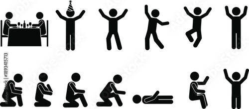 Human emotion activity silhouettes, black vector illustration, joyful and reflective poses, behavior icons, white background, cad drawing flat vector illustration