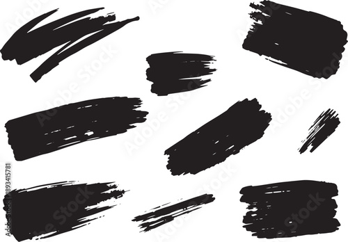 Brush set. Vector black paint brush spots, highlighter lines or felt-tip pen marker. Ink smudge abstract shape stains and smear set with texture