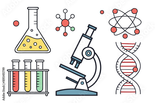 Colorful vector illustration set featuring essential science laboratory icons: microscope, test tubes, conical flask, dna helix, and atomic structure for research and education purposes.