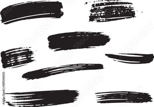 Brush set. Vector black paint brush spots, highlighter lines or felt-tip pen marker. Ink smudge abstract shape stains and smear set with texture