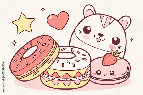 Adorable cartoon vector illustration in kawaii style, featuring a cute hamster character peeking behind a collection of sweet desserts like pink frosted donuts and a strawberry macaron.