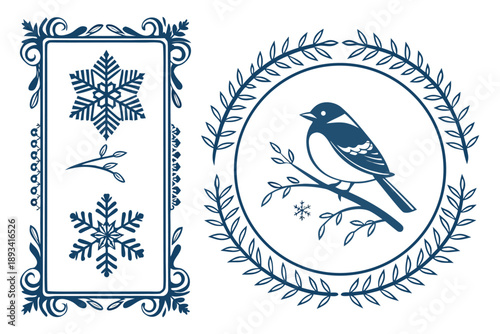 Decorative winter vector set with elegant bird in leaf wreath frame and ornate rectangular border featuring detailed snowflakes, for christmas design.