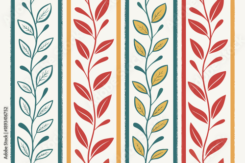 Seamless vector pattern: folk art botanical vines on vertical stripes, hand-drawn leaves in red, teal, and mustard yellow for rustic textile design