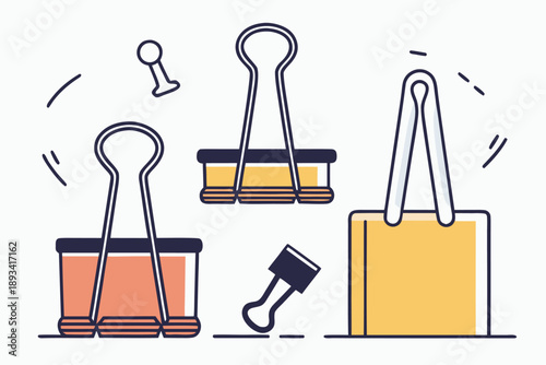Minimalist office supplies vector illustration: binder clips and pushpin graphic set for business and education projects