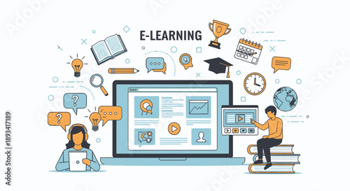 Elearning concept with people and icons.