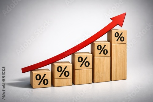 Financial Ascent: A graphical representation of financial growth with rising percentage symbols and an upward-pointing arrow against a neutral background, symbolizing economic prosperity.