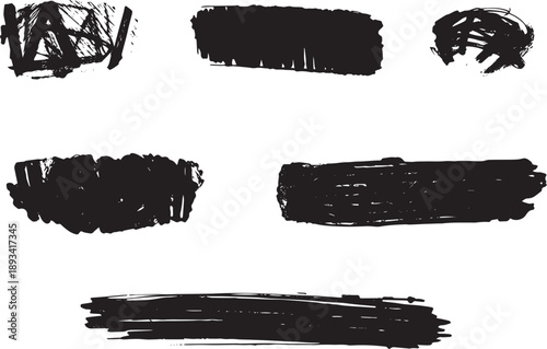 Brush set. Vector black paint brush spots, highlighter lines or felt-tip pen marker. Ink smudge abstract shape stains and smear set with texture
