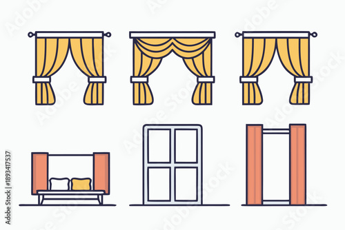 Six interior design icons including windows with yellow drapes and a canopy bed with orange curtains against a solid white background.