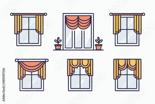 Six window illustrations featuring elaborate swag and jabot curtains in yellow and coral tones with two small potted plants near the center.