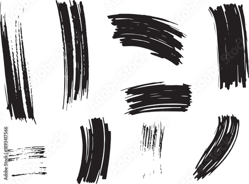Brush set. Vector black paint brush spots, highlighter lines or felt-tip pen marker. Ink smudge abstract shape stains and smear set with texture