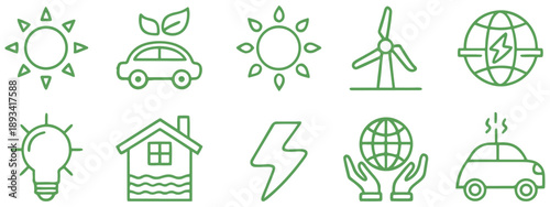 Green Energy Icons – Renewable Power and Eco-Friendly Line Design Set .