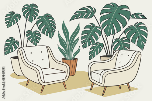 Two mid century modern upholstered armchairs on a rug with large green potted tropical plants standing behind them in a simple living room.