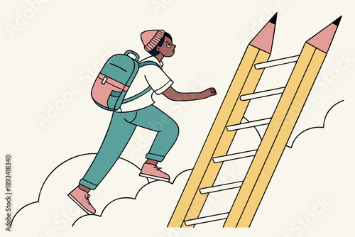 Minimalist flat vector illustration depicting a young person with a backpack climbing a ladder made of pencils, representing education, learning path, and achieving goals