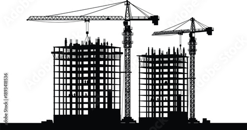 High rise building construction silhouette with tower cranes urban development industrial architecture city skyline growth engineering progress concept