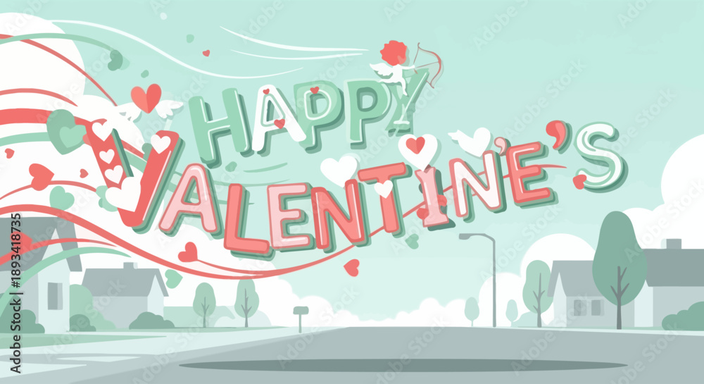 Fototapeta premium This joyful Happy Valentine’s Day illustration captures the excitement, romance, and emotional warmth of celebrating love through playful heart elements and bright festive colors. The image reflects h
