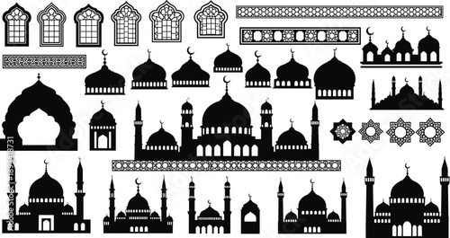 Islamic mosque architecture silhouette collection with domes, minarets, arches, windows, and decorative patterns, black vector elements isolated set