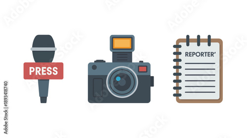 Journalism Tools in Flat Design with Bright Colors on White Background for Media and Press