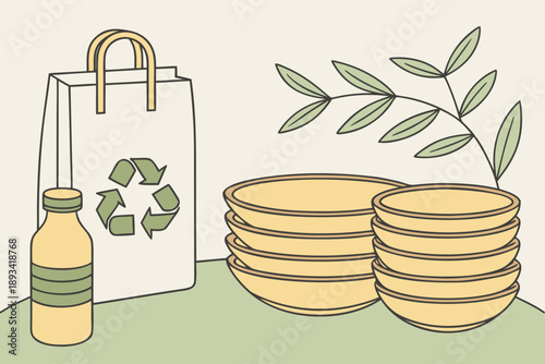 Eco-friendly zero waste lifestyle vector illustration with reusable items, including a recycling paper bag, glass bottle, and ceramic bowls, promoting sustainable consumption.