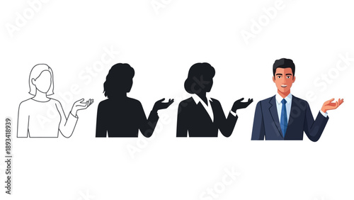 Set of four female and male business people icons showing presentation gesture, outline, silhouette and full color illustration