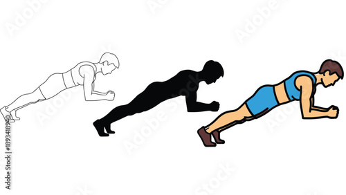 Three variations of a person performing a forearm plank exercise outline, silhouette and colored illustration, demonstrating core strength training