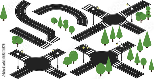 Isometric city road intersection set with curved streets, crosswalks, street lights, and green trees for urban planning, navigation maps, and transport design